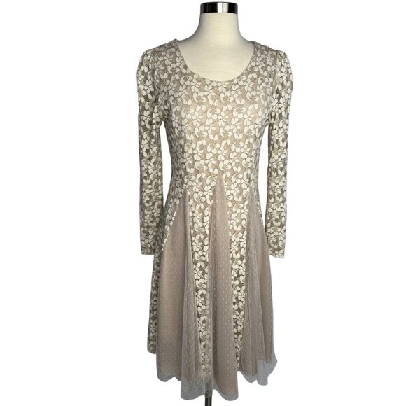 AReve Beige Floral Lace Tulle Dress Edwardian Cottagecore Bohemian Whimsy Sz M - Picture 1 of 9